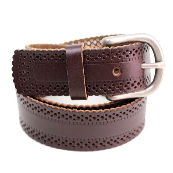 PERFORATION CUT OUT BROWN GENUINE LEATHER 1.5"Wd CASUAL WOMEN'S BELT Sz L (F20 - Picture 6 of 11
